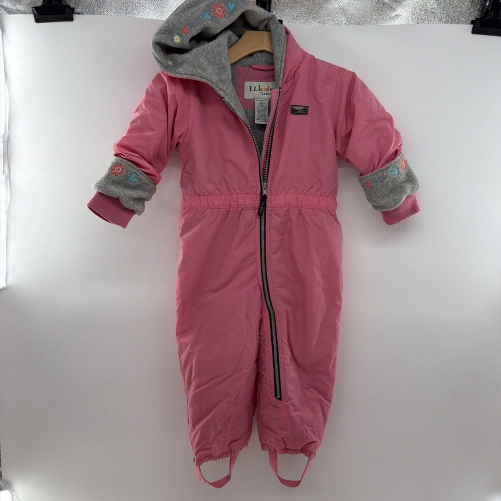 L.L. Bean 0RD63 Snowsuit 3T Pink Grow Cuffs Vintage Flowers Hearts Girls Hooded